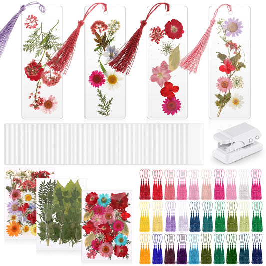 Fuyoooo 376 Pcs Dried Flower Bookmark Making Kit, DIY Bookmark Laminating Pouches with Tassels and Puncher, Handmade Craft Kit for Women, DIY Gifts for Book Lovers (Rainbow Color,2 x 6 Inch)
