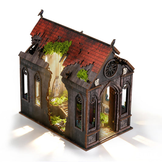 Lost Cathedral Miniature House Kit - DIY Miniature Kit for Adults, Teens, Dollhouse Booknook Bookshelf Insert Decor with LED Light, 3D Wooden Puzzle Gifts for Family, Friends