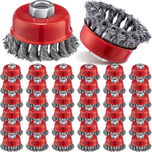 Tandefio 36 Pcs 3 Inch Wire Wheel Cup Brush with 5/8"-11 Threaded Arbor for 4 1/2 Angle Grinder Knotted Wire Cup Brush for Heavy Cleaning Rust Removal