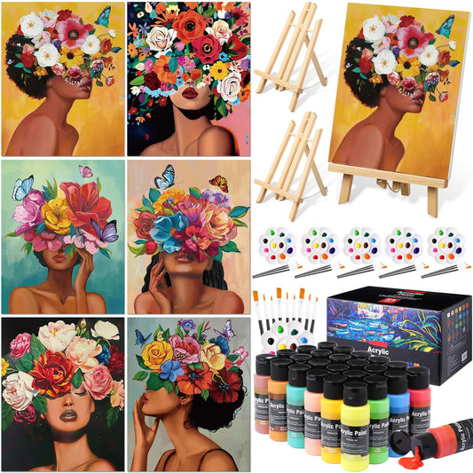 AmazingSpark 6 Set Paint and Sip Kit for Adults 8"x 10" Pre Drawn Canvas for Painting DIY Acrylic Paint Set Canvas Panels Wood Easel, 24 Colors 60ml 2oz Date Night Easter Party Favors(Art Lady)
