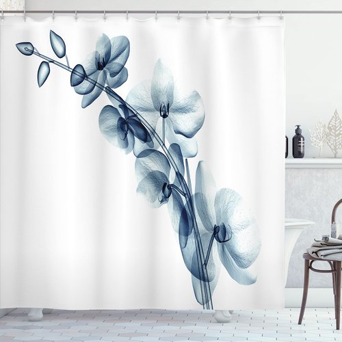 Ambesonne Flower Shower Curtain, Contemporary X-ray Illustration of Orchide Flower Unseen Nature Picture, Cloth Fabric Bathroom Decor Set with Hooks, 69" W x 70" L, White Teal
