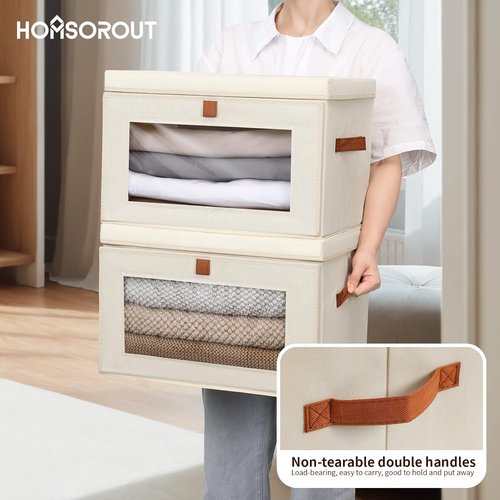 Homsorout Large Closet Storage Bins - Collapsible Clothing Organizers with Handles & Lids | 6 Pack, Beige