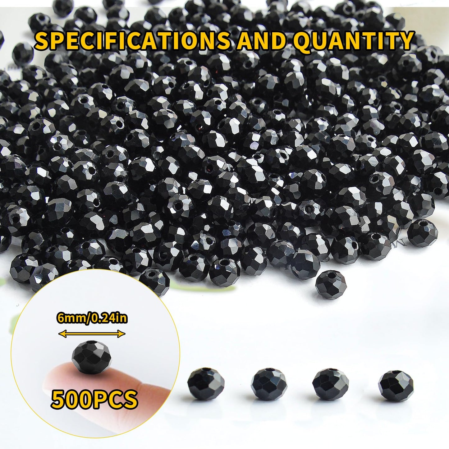 Laopottbeads 500Pcs 6mm Crystal Glass Beads for Jewelry Making Beads for Bracelets Necklace Pendants Making Supplies(Black)