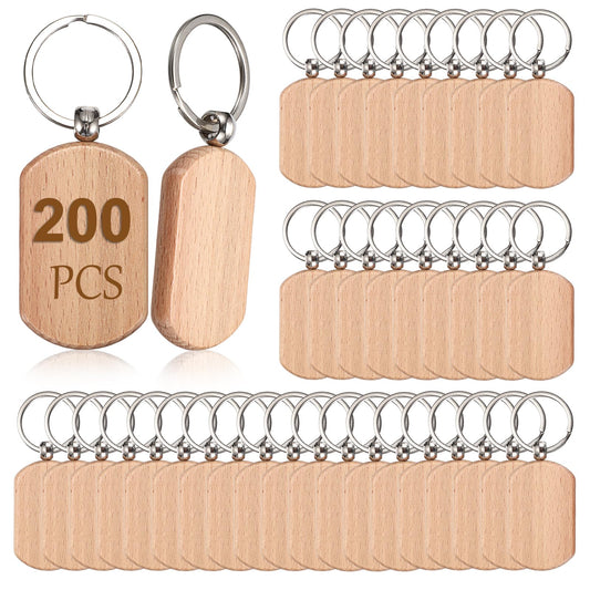 JUXYES 200 PCS Unfinished Wooden Keychain Blanks for Engraving, Wood Engraving Blanks Key Chain, DIY Wood Keychain Tags Unfinished Wooden Key Ring Key Tag, 52x32x7mm