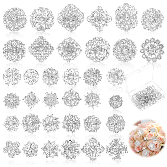 AOZUO 136 Pcs Clear Crystal Brooches for Women, Crystal Flower Brooch Pins with Rhinestones Bulk Brooches Jewelry Rhinestone Embellishments for DIY Jewelry Crafting Sewing Wedding Hair Decoration