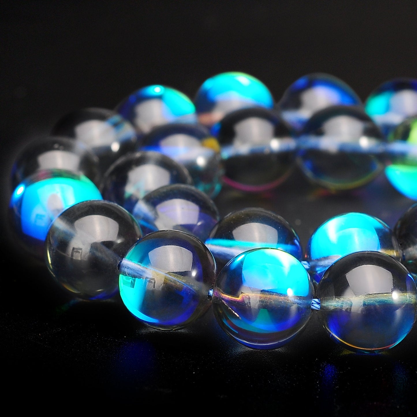RUBYCA Round Moonstone Crystal Glass Beads Aura Iridescent for Jewelry Making (1 Strand, 8mm, Grey)