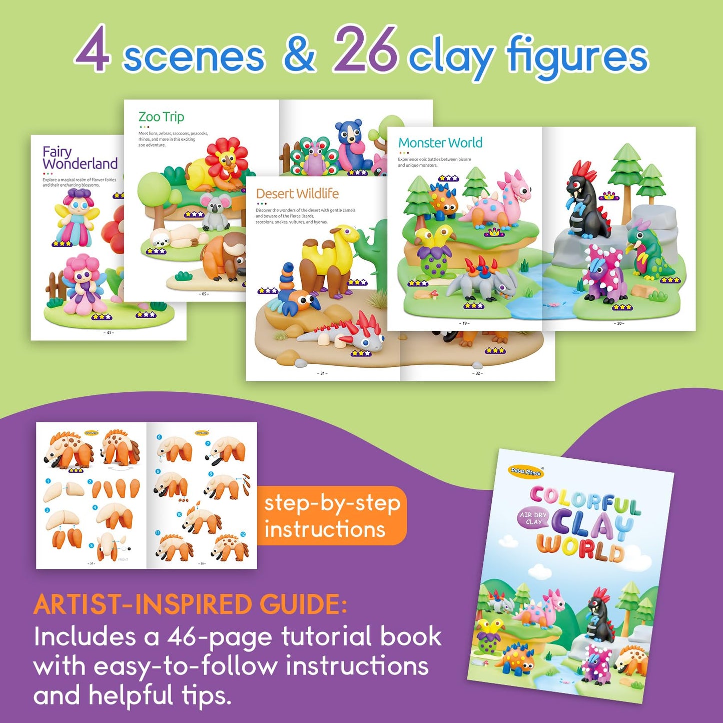 Drama Planet Air Dry Clay Kit for Kids - 18 Cans of Modeling Clay, 46-Page Guidebook with 26 Character Tutorials, Great Gift for Boys & Girls
