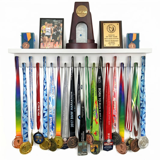 MedalAwardsRack Premier Medal Hanger Display Rack and Trophy Shelf for Gymnastics, Soccer, Basketball, Football, and More – 2, ft - White