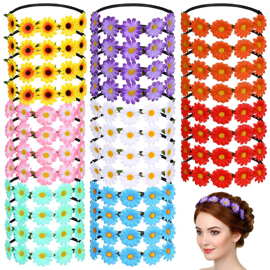 Caeuiciw 32 Pcs Multicolor Flower Headbands for Women Hippie Flower Crown with Adjustable Elastic Hair Band Daisy Wreath Headband for Summer Decoration Accessories Festival Wedding Party