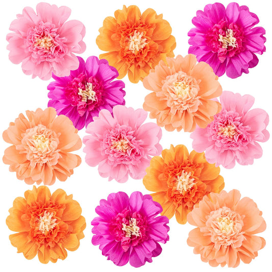SUNBEAUTY 12PCS Large Paper Flowers 12 Inch Pink Orange Tissue Paper Flowers Pink Orange Giant Crepe Paper Flowers for Girl Women Birthday Wedding Flower Backdrop Wall Spring Garden Party Supplies