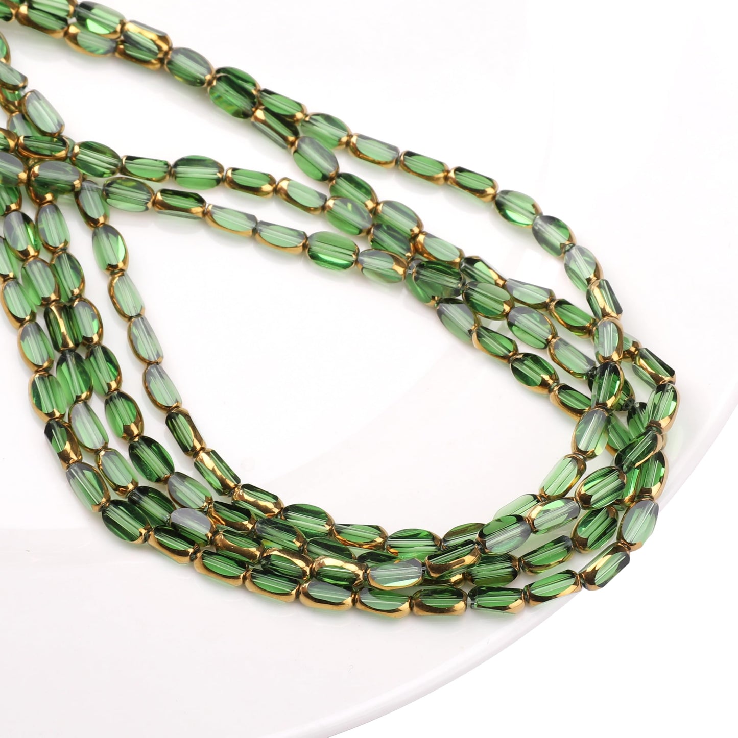 DADIFEN Glass Rice Beads Clear Green 4x6mm 50pcs Faceted Oval Golden Edge Crystal Loose Beads for DIY Craft Jewelry Making