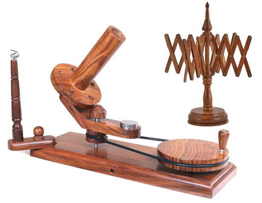 Bhartiya Handicrafts Wooden Yarn Ball Winder & Table Top Swift Set, Hand Operated Rosewood Combo Winder, Large Capacity 8 to 10 oz Yarn Fiber Winder, Wool String Swift Winder (Rosewood Winder & Swift)