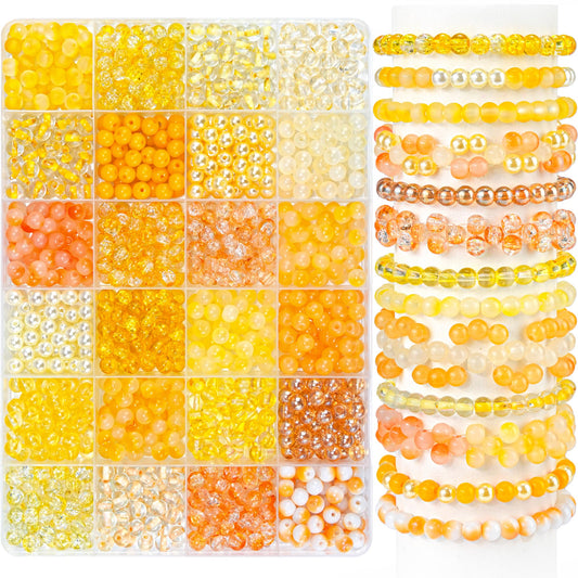 1200PCS 6mm Glass Beads for Bracelets, Yellow Beads 24 Colors Orange Crystal Beads Bracelet Making Kit and Jewelry Making, Round Glass Beads for Friendship Bracelets DIY Crafts