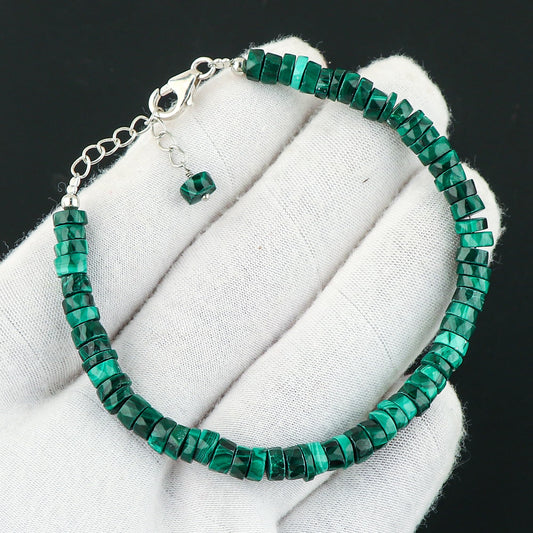 CRYSTALIS Natural Green Malachite Beaded Bracelet, Facet Wheels, Elegant Beads Crystal, Chakra Bracelet, Healing Bracelet, Gemstone Jewelry, 925 Sterling Silver 8 inch