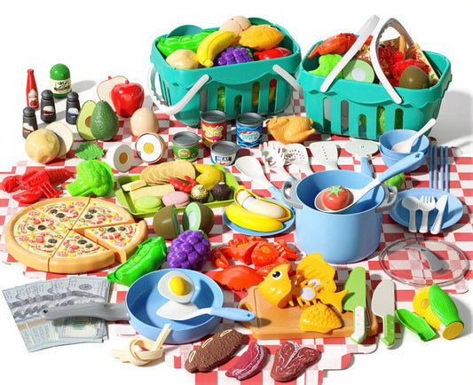 150Pcs Kitchen Playset, Toddlers Pretend Cooking Cookware Accessories, Food, Picnic Blanket, Fruits, Veges, 2Pack Shopping Storage Basket, Dessert and Prop Money, Gift for Kids (Blue)
