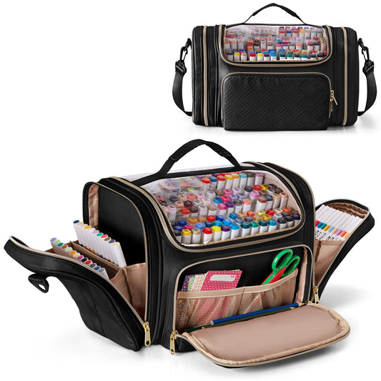 Rexmica Marker Organizer Case Bag for 180-300 Markers, Large Marker Storage Bag with Detachable Divider for Adults, Marker Travel Holder Case Bag for Various Markers or Other Art Craft Supply, Black