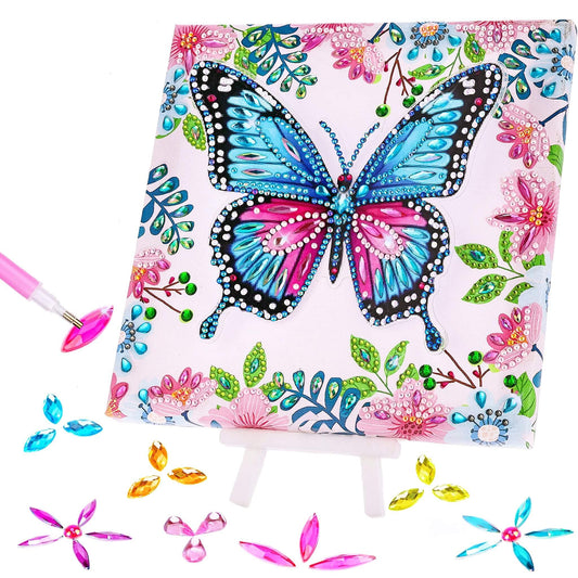 Arts and Crafts for Kids Age 8-12, 3D Pink Butterfly Diamond Art Kits, Gifts for Kids Age 6 7 8 9 10 with Plastic Easels DIY Gem Art Foldable Clear Butterfly Painting with Frame for Home Decor