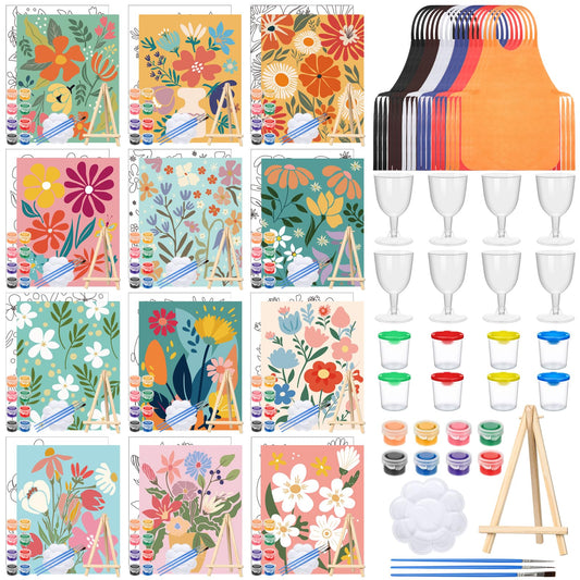 Sherr 96 Pcs 12 Sets Pre Drawn Canvas Kit for Painting Craft Sip and Paint Kit for Adults Pre Printed Canvas Painting Favor for DIY Birthday Gifts Adult's Date Party, 8 x 10 Inches(Flower)