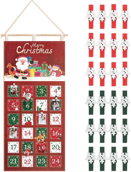 Weysat Christmas Fabric Advent Calendar - Reusable 24-Day Countdown Wall Hanging with Pockets & Clips | Santa Claus Design