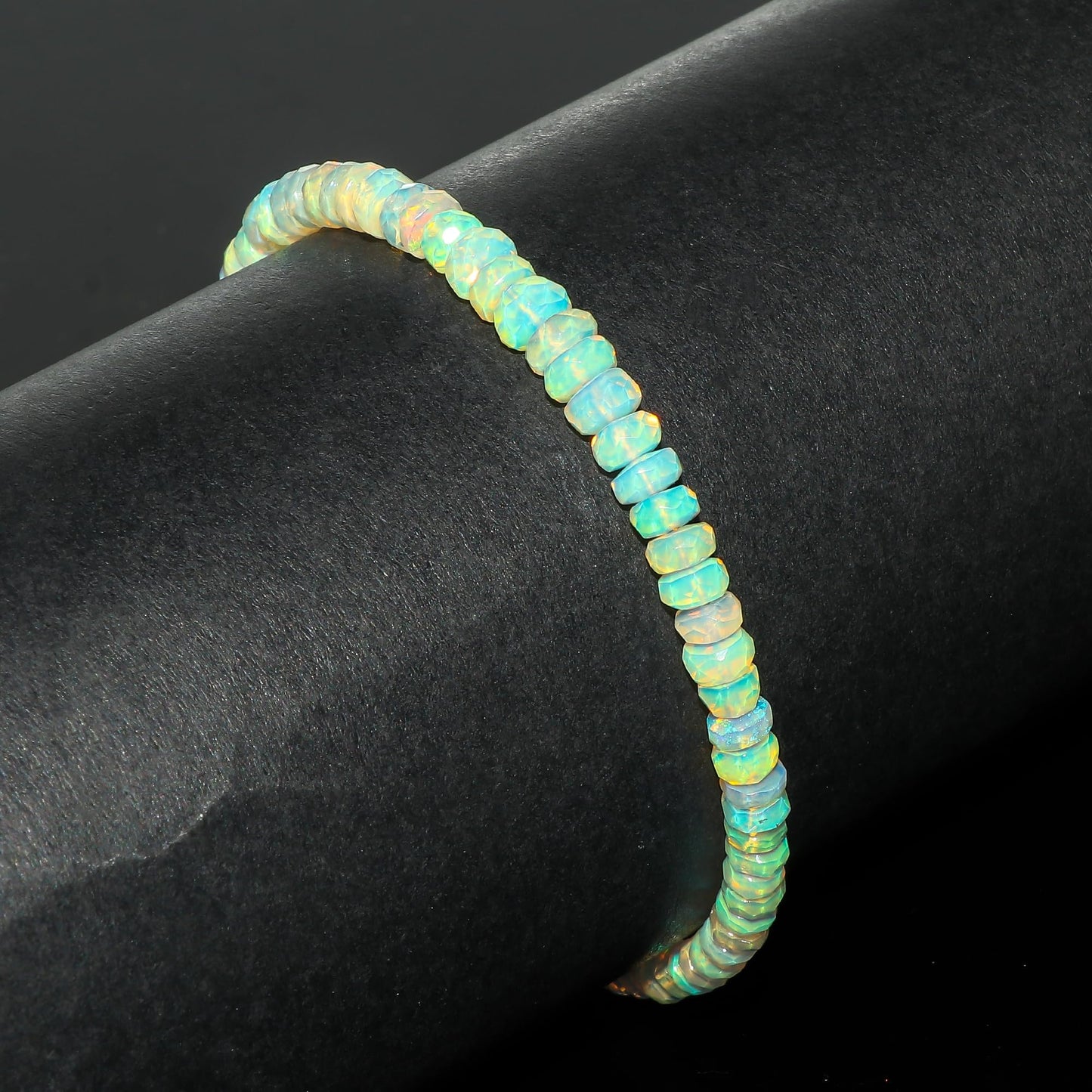 CRYSTALINES Natural Ethiopian Opal Gemstone Bolo Bracelet, Faceted Beads Stones, Handmade Boho Jewelry for Women, Healing Crystals, Silver Chain 6+4inch, October Birthstone, Trendy Gift