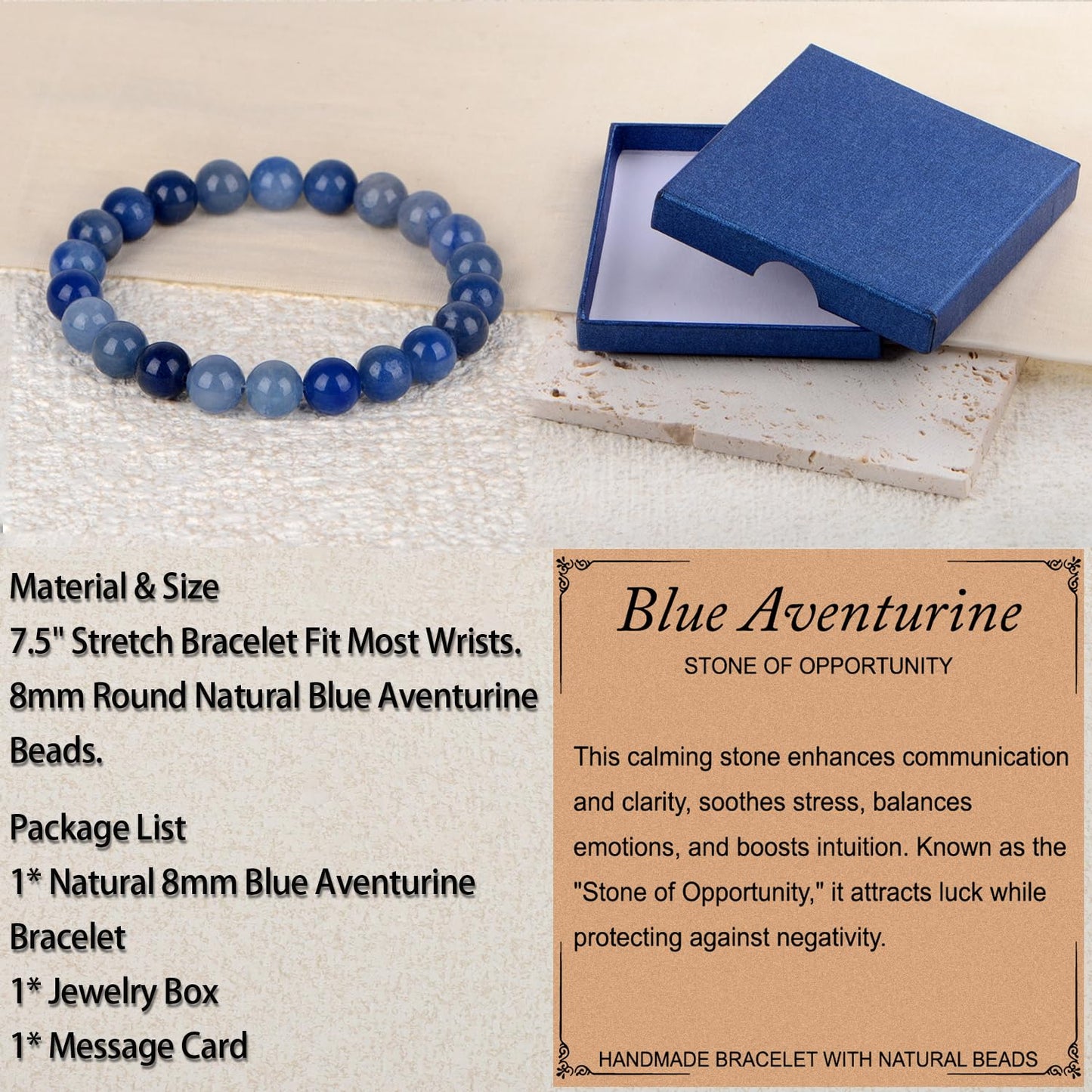 LPBeads Handmade Natural Gemstone Stretch Elastic 8mm Blue Aventurine Bracelet Healing Crystal Round Stone Beads Jewelry Gifts for Women Men