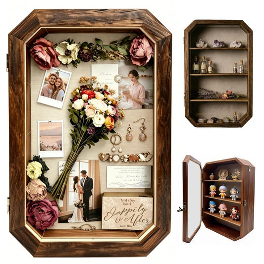 AMZWKT Shadow Box Frame, 10x16 Carbonized Brown Display Case with Linen Back & Detachable Shelves for Wedding Bouquet, Photos, Medals, Collectibles, Souvenirs & Home Wall Decor