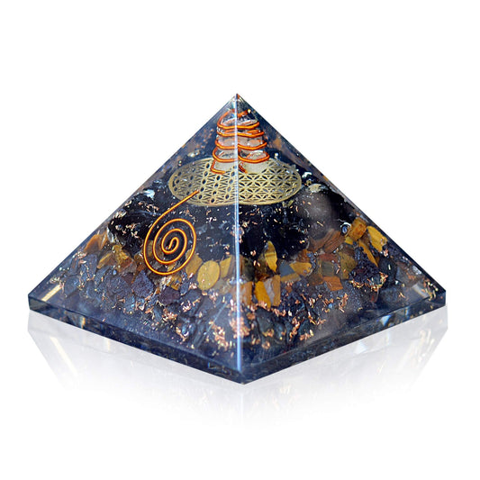 Orgonite Crystal Triple Protection Orgone Pyramid with Black Tourmaline, Tiger Eye and Hematite Crystal – Flower of Life Pyramid for Spiritual Healing, Meditation, Yoga, Reiki Gift, Office, Home Décor