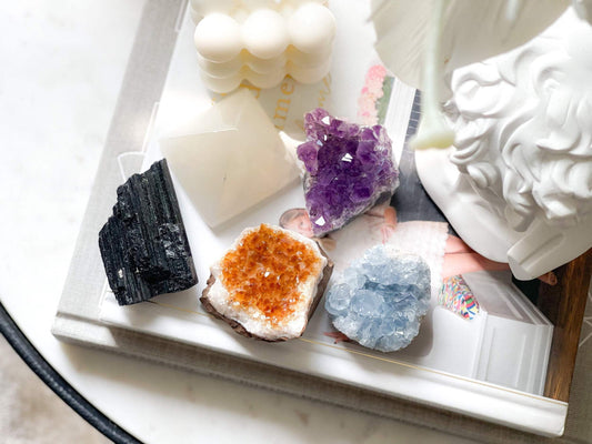 Crystal Set, 5 Pieces - Amethyst, Citrine, Celestite, Selenite, Black Tourmaline