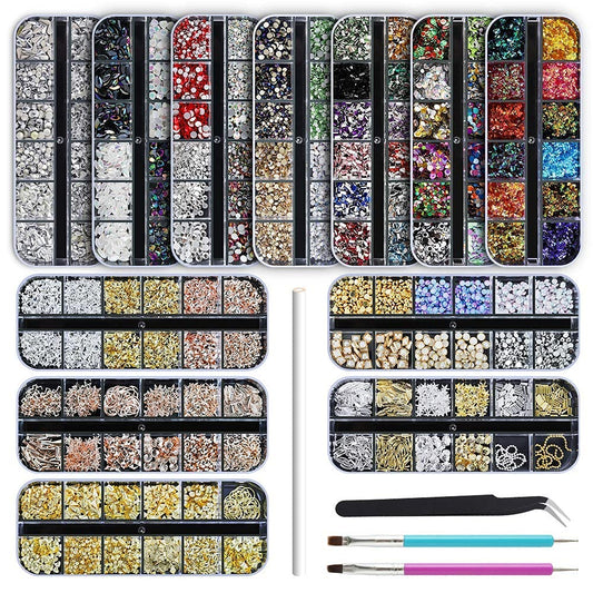 Artdone 12 boxes Nail Rhinestones Glitter,Nail Gems Nail Diamonds,Nail Art Studs Nail Crystals Nail Sequins for Nails Kit with 1 Tweezers and 3 Pen for Nail Art Supplies Accessories