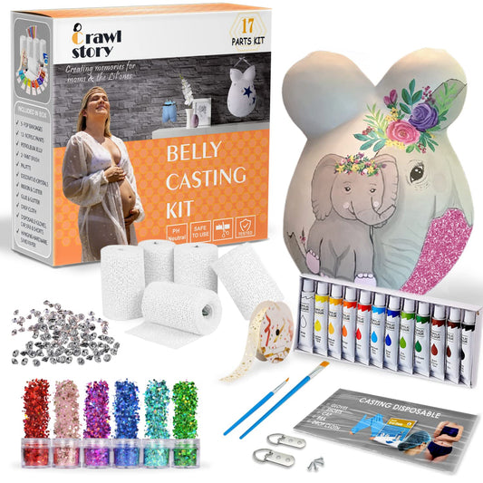 Crawl Story Belly Casting Kit for Pregnant Women | Complete DIY Keepsake with Plaster Cloth Roll, 12 Acrylic Paints, Sparkles, Crystals & Hanging Hardware | Baby Shower Gift, Deluxe Paint Casting Kit
