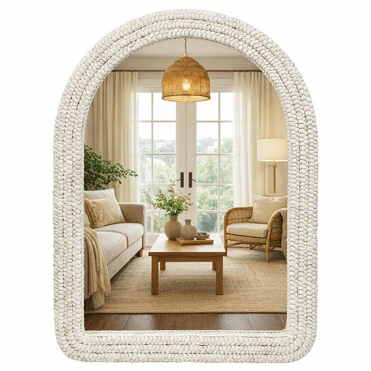 CAVINHOME 30" x 40" Arched Wall Mirror, Handwoven Natural Corn Husk Fiber with Light Whitewashed Finish, Warm Boho Coastal Style for Entryway, Bedroom, Living Room, Vertical Hanging
