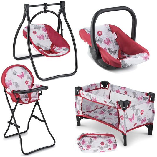 18-Inch Baby Doll Nursery Playset by Litti - Doll Accessories Set with Swing, Crib, High Chair, and Carrier - Realistic Toy Furniture for Imaginative Play - Gift for Kids Ages 3 Up