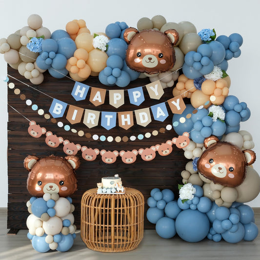 Ereniko Bear Birthday Balloon Arch Kit for Baby Boy Blue Khaki and Brown Balloons Decorations Set Happy Birthday Banner Bear Theme Decor