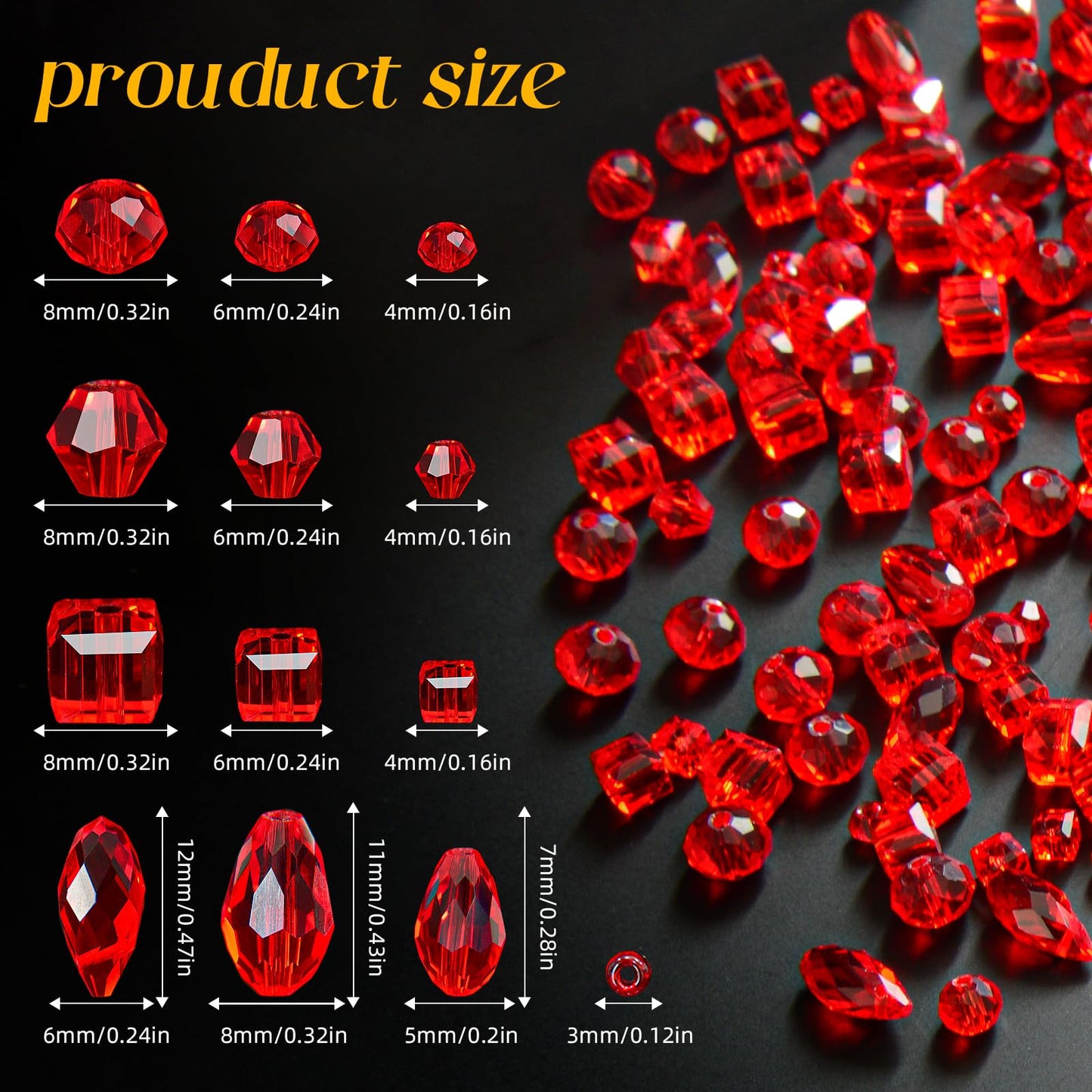 Laopottbeads 1500 Pcs Crystal Glass Beads for Jewelry Making – 12 Styles Bicone, Rondelle, Cube, Teardrop & 3mm Spacer Beads, DIY Bracelet Necklace Earring Craft Kit with Organizer Box(Red)