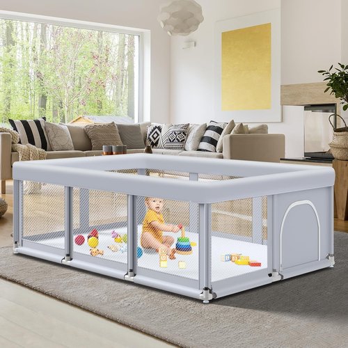 Fshibila Large Baby Playpen - Sturdy Indoor/Outdoor Playard with Soft Mesh | 74" x 50" - Grey