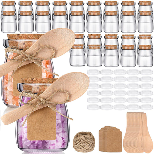 FoldTier 30 Pcs Small Glass Jars with Cork Lids Spoons 3.4 oz Mini Yogurt Containers with Lid Pudding Jars Glass Favor Containers for Candy Cake Jam Honey Wedding Favor with Label Tag String
