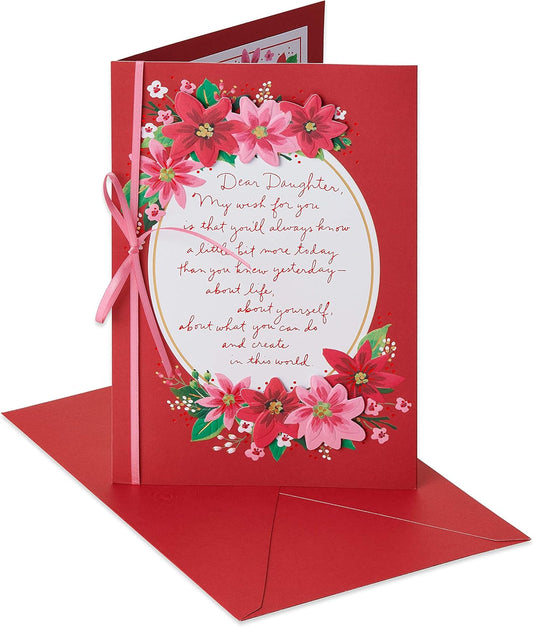 American Greetings Christmas Card - Festive Floral Design with Poinsettias & Ribbon for Daughter