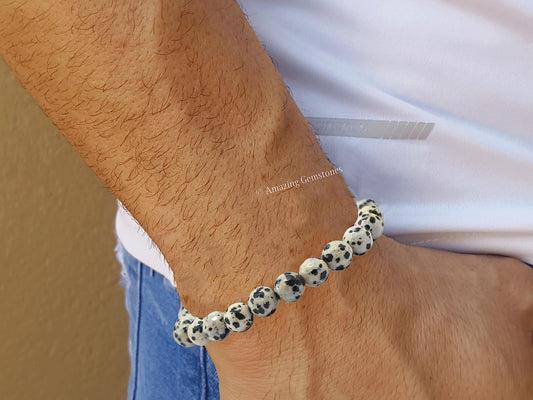 Amazing Gemstone Dalmatian Jasper Bracelet for Women - Chakra Mens Bracelet Protection Crystals and Healing Stones, Blessing Spiritual Meditation Stocking Stuffers (Faceted Beaded Bracelet)