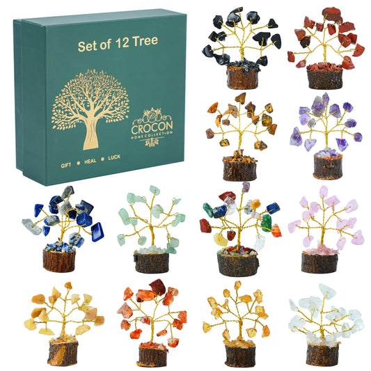 Crocon® Crystal Tree Set of 12 Mini Unique Birthday Gifts for Women, Sister, Mom, Home Office Decor, Shelf Desk Decoration for Positive Energy, Bring Good Luck, Money, Chakra Tree of Life Gift Sets