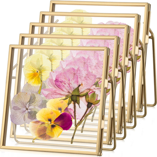 Vicenpal 5 Pack Glass Pressed Flower Frame Handmade, 4 x 4 floating Picture Frames for Pressed Flowers, Brass Double Glass for Tabletop Display, Home Office Plant Specimen, Photos(Gold)