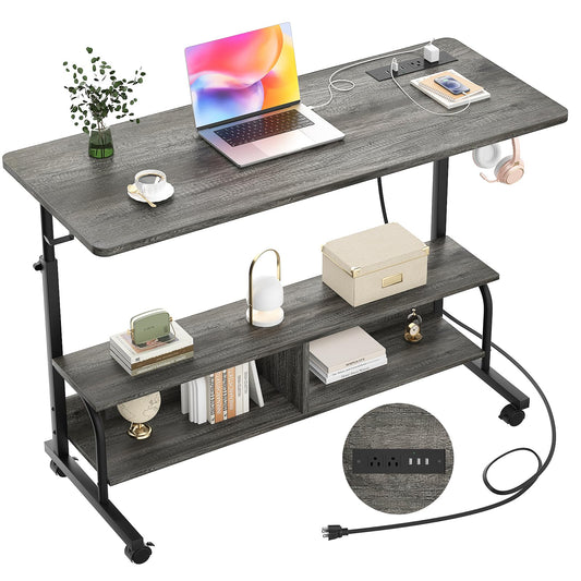 Armocity Rolling Standing Desk with Charging Station, Portable Height Adjustable Mobile Computer Desk with Wheels & 2-Tier Shelves & Hooks, Easy Assembly Laptop Table for Couch Bed, 47" Grey Oak