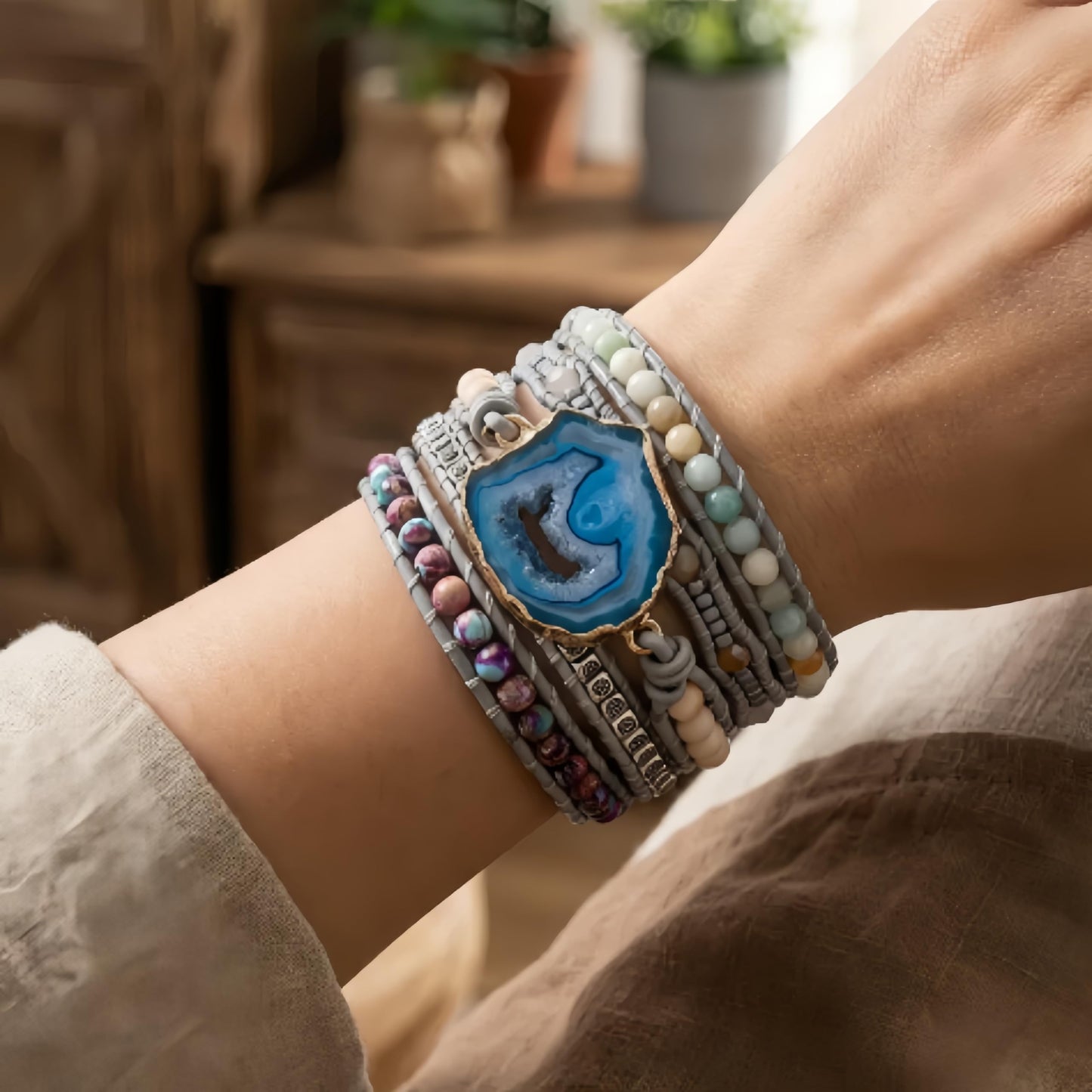 YGLINE Wrap Natural Stones Leather Wrap Around Stone Bracelet 5 Layer Natural Agate Beaded Leather Bohemian Tribal Bracelet