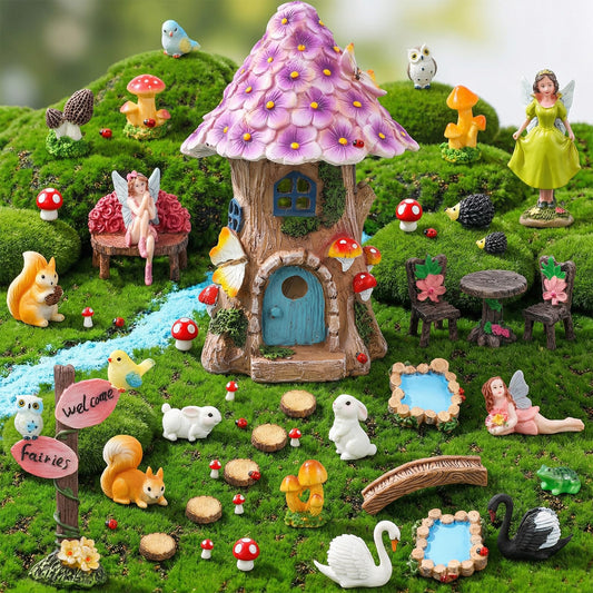 Lomantank 60 Pcs Solar Fairy Garden House Resin Kit with Lighted Cottage Miniature Fairy Garden Accessories Set for Outdoor Patio Yard Planter Decor DIY Fairy Garden Kit (Fairy)