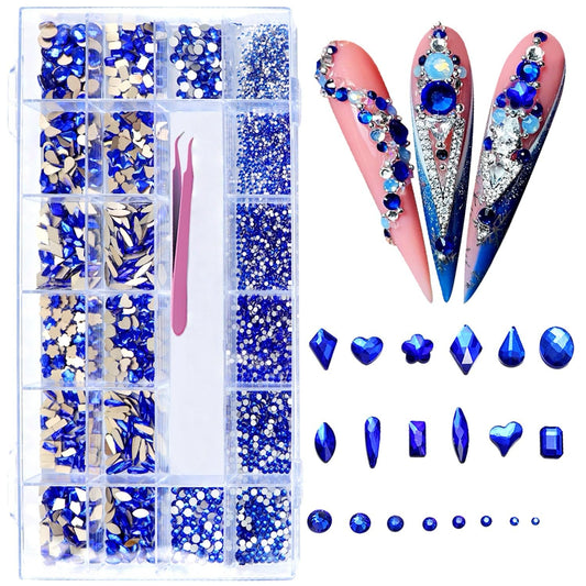AMLAVIFISH 6080PCS Blue Rhinestones for Nails, Mix Sizes Blue Nail Charms and Gems with 20 Shapes, 3D Flatback Crystals Diamonds for DIY Nail Art Design (Tweezers Included)