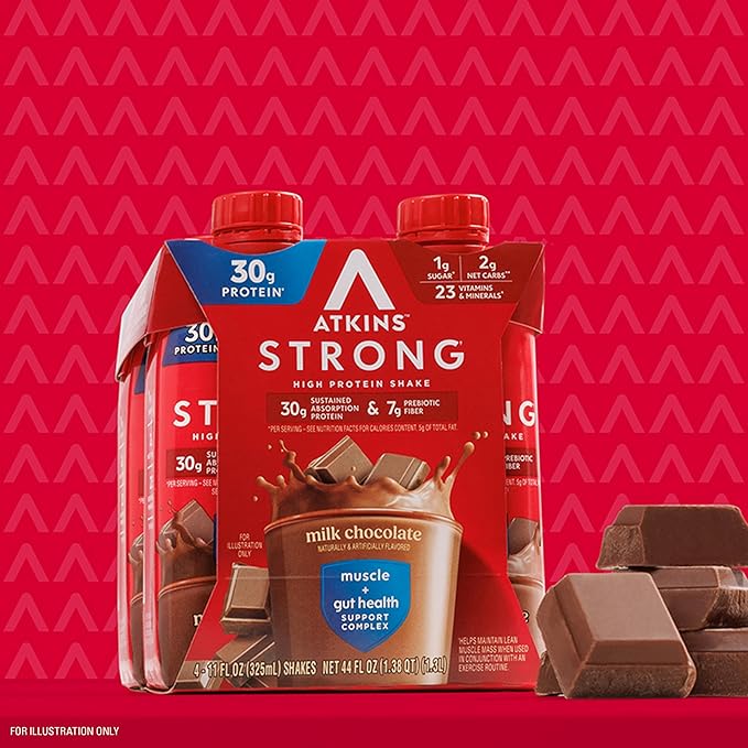 Atkins Strong High Protein Shake, Milk Chocolate Flavored, 30g Protein, Low Carb and Low Sugar Shake, Keto Friendly, Gluten Free, Muscle and Gut Health Support Complex, 12 Count