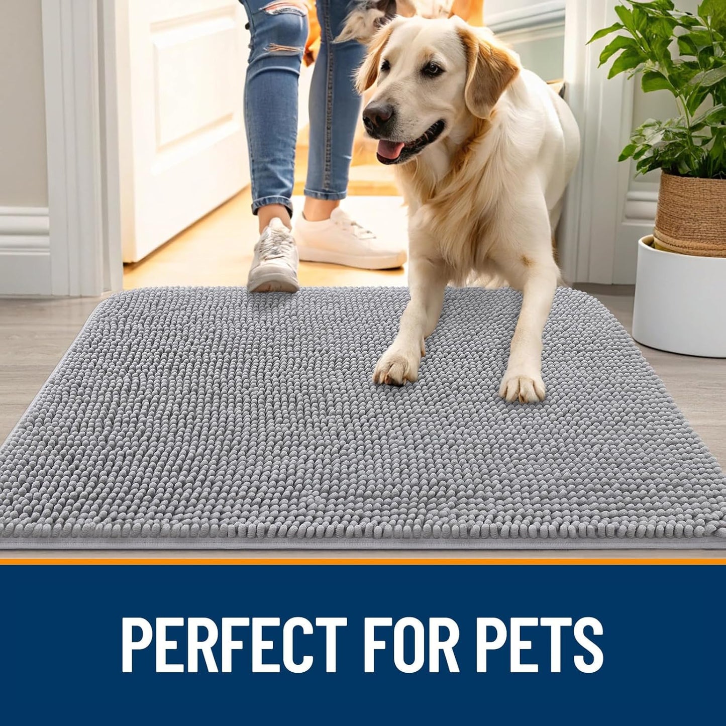 OLANLY Dog Door Mat - Absorbent Non-Slip Chenille for Muddy Paws | 44x24 Light Grey Indoor Doormat