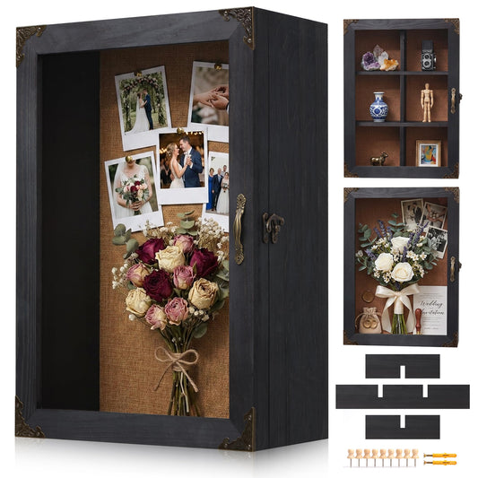 Shadow Box Frame 12x16, 4.7-inch Depth, Black Solid Wood Shadow Box Display Case with Removable 6-Grid Shelves, Vintage Metal Corner Guards, Handle & Lock, Extra Deep Large Shadow Box for Medals