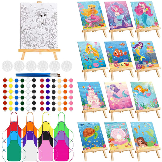 Ireer 12 Set Paint Party Set 8 x 10 Sip and Paint Kit Include 12 Printed Pre Drawn Canvas Panel, Wooden Easels, Palettes, Pots, Apron 36 Brushes for Adult Art DIY Party(Mermaid)