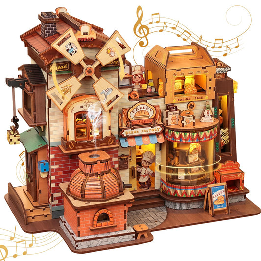 CUTEBEE 3D Wooden Model Building Kit Music Box - DIY Diorama Kit with LED Light, Music, Atomization Smoke, Type-C Power & 360° Rotating Display, Home Decor, Gifts for Teens & Adults (Bread Factory)