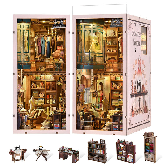 fifijoy Book Nook Kit - DIY Miniature House Dollhouse Kit for Adults and Teens, Booknook Tiny House Bookshelf Decor 3D Wooden Puzzle, Gifts for Family Friends (Sewing Room)